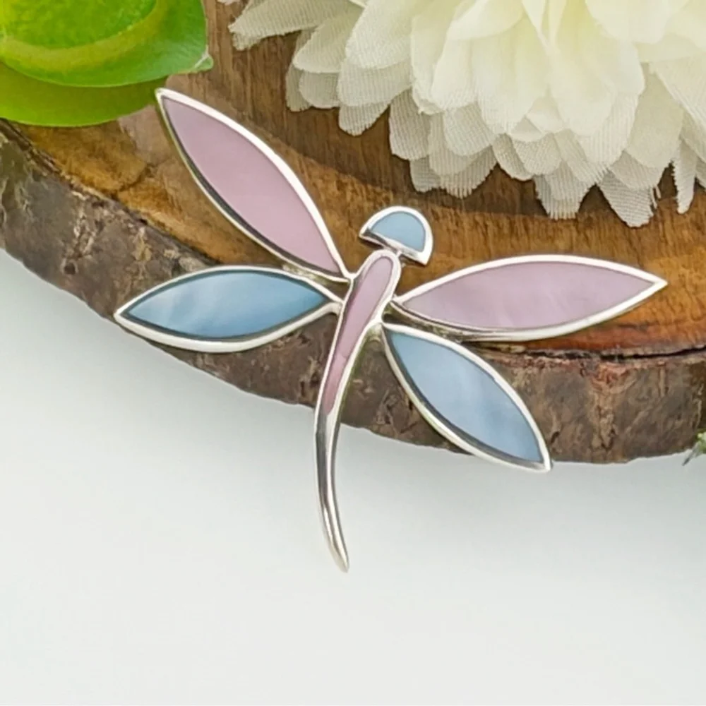 Vintage Dragonfly Butterfly Pendant Sterling Silver 925 Mother of Pearl Inlay